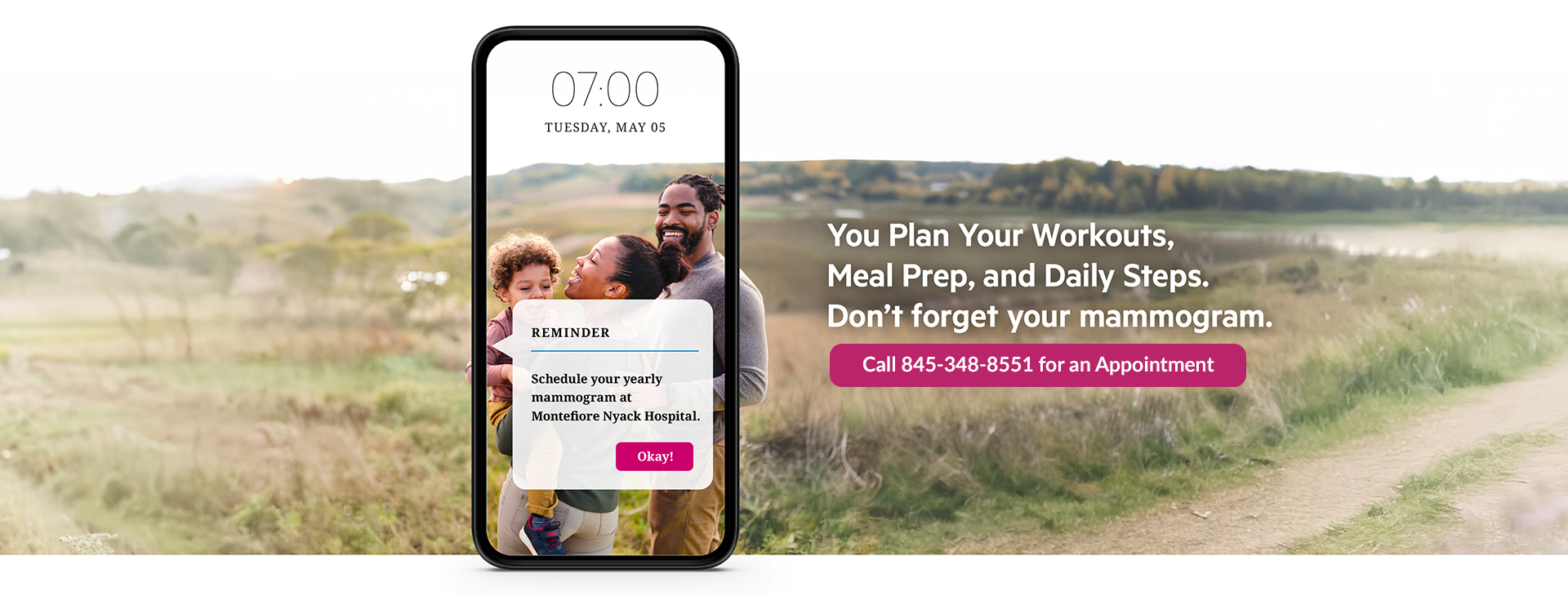 Mammogram appointment banner – call Montefiore Nyack