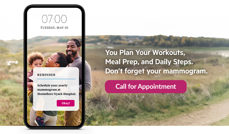 Mammogram appointment banner – call Montefiore Nyack