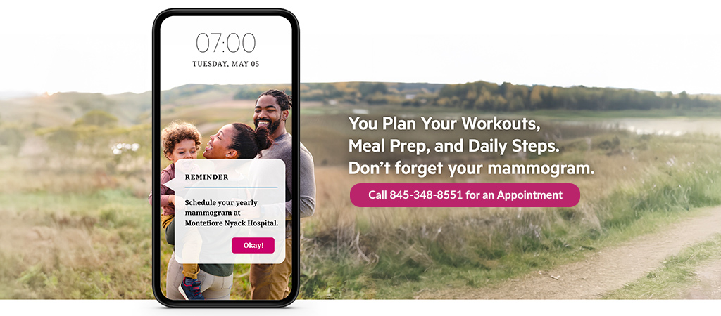Mammogram appointment banner – call Montefiore Nyack