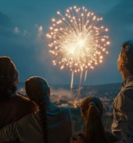 Family enjoying a fireworks display while observing fireworks safety practices.